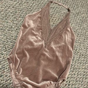 Beige velvet lace trim bodysuit